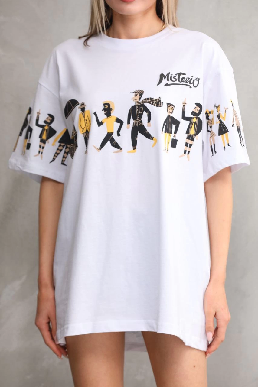 kadın  Bisiklet Yaka Baskılı Oversize T-Shirt - Beyaz