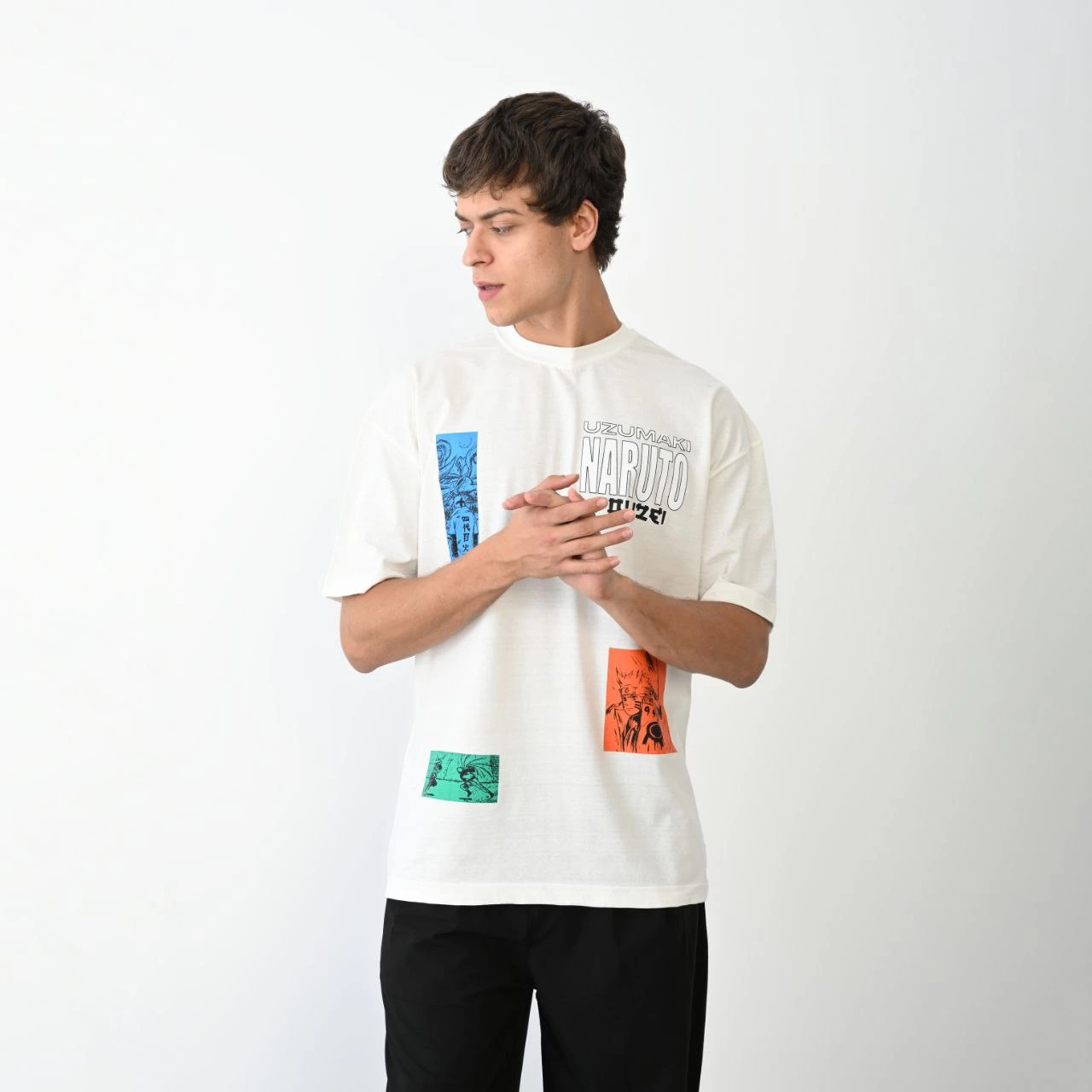 Erkek Bisiklet Yaka Baskılı Oversize  Kısa kol T-Shirt - Beyaz