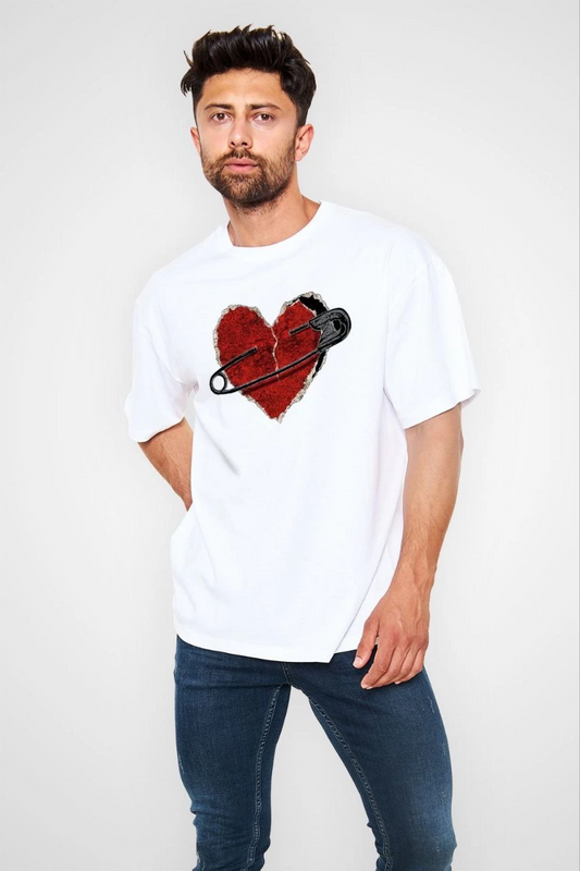 Erkek Bisiklet Yaka Baskılı  Kısa kol Oversize T-Shirt - Beyaz