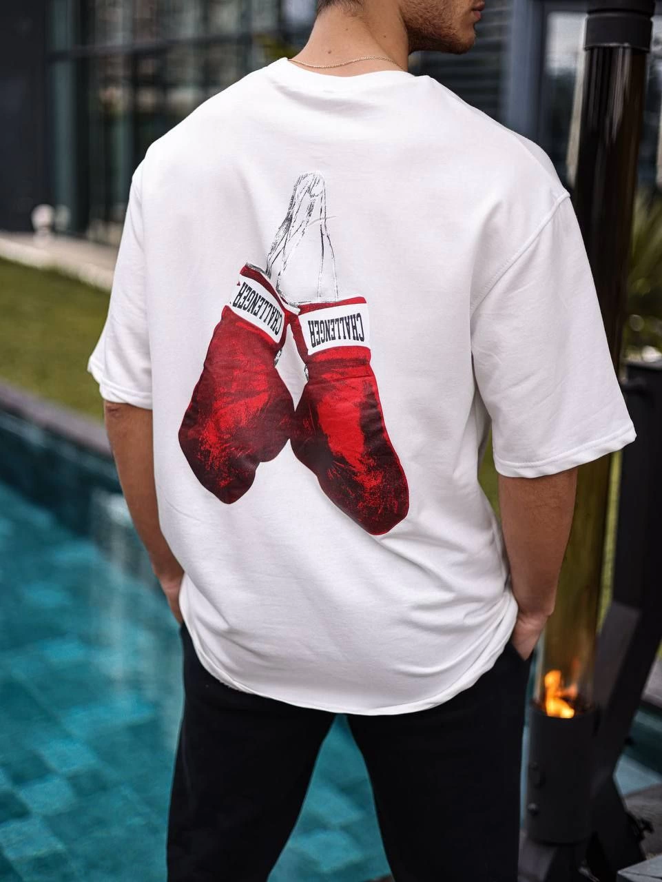 Erkek Bisiklet Yaka Baskılı Oversize T-Shirt - Beyaz
