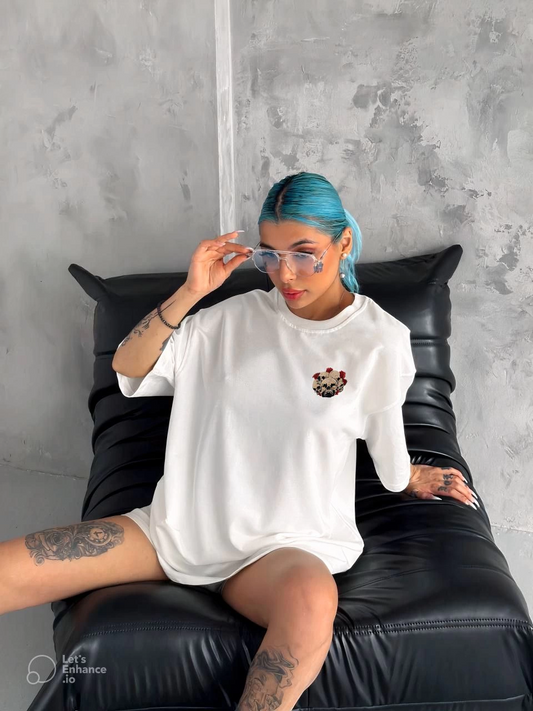 Kadın Baskılı T-Shirt Kısa Kol Bisiklet Yaka Oversize Rahat Kalıp Günlük Tişört   - Beyaz