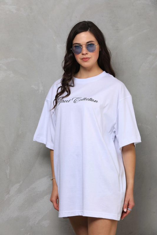 Kadın Baskılı T-Shirt Kısa Kol Bisiklet Yaka  Ovarsize Rahat Kalıp Günlük Tişört  - Beyaz