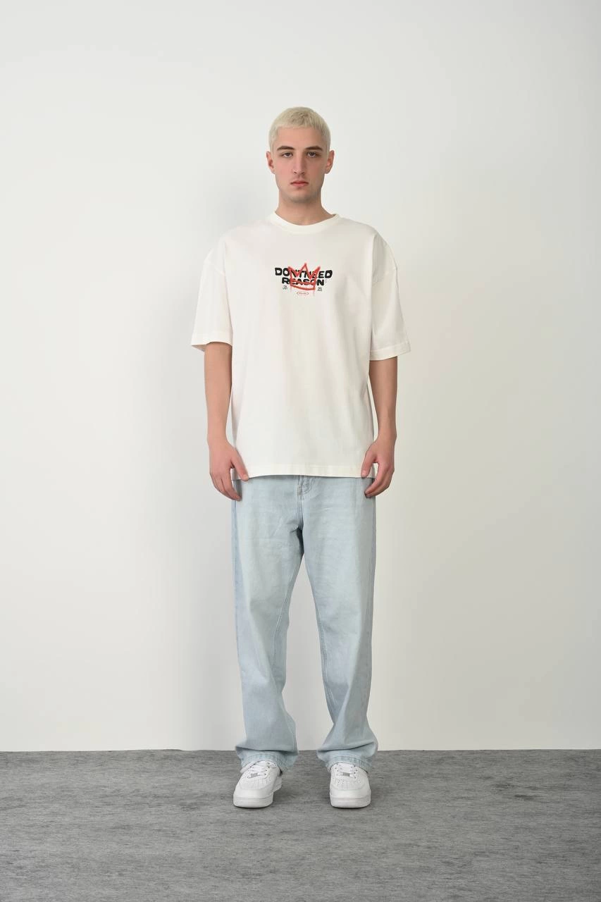 Erkek Bisiklet Yaka Baskılı Oversize - Beyaz
