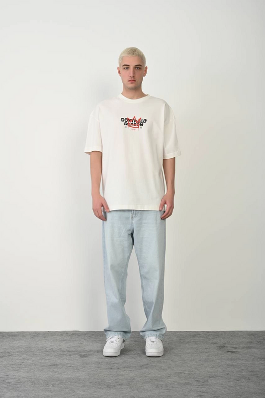 Erkek Bisiklet Yaka Baskılı Oversize - Beyaz