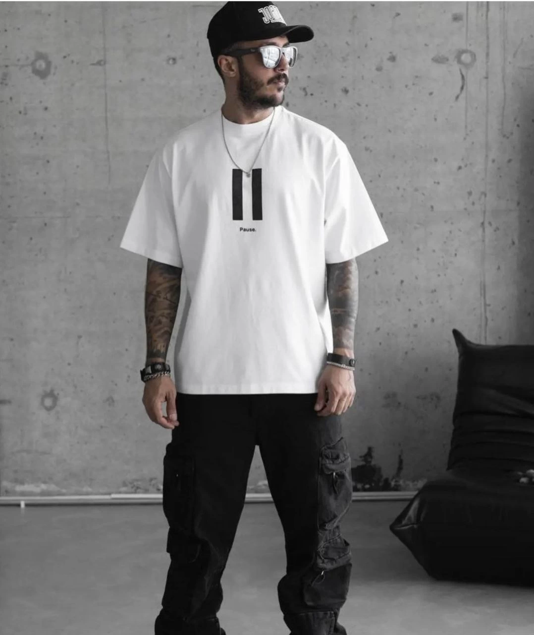 ERKEK Bisiklet Yaka Baskılı Oversize T-Shirt - Beyaz