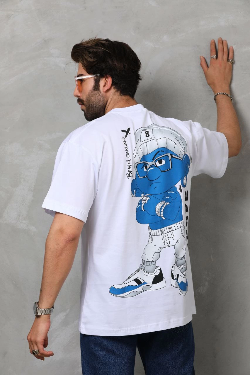 Erkek  Bisiklet Yaka Baskılı Oversize T-Shirt - Beyaz