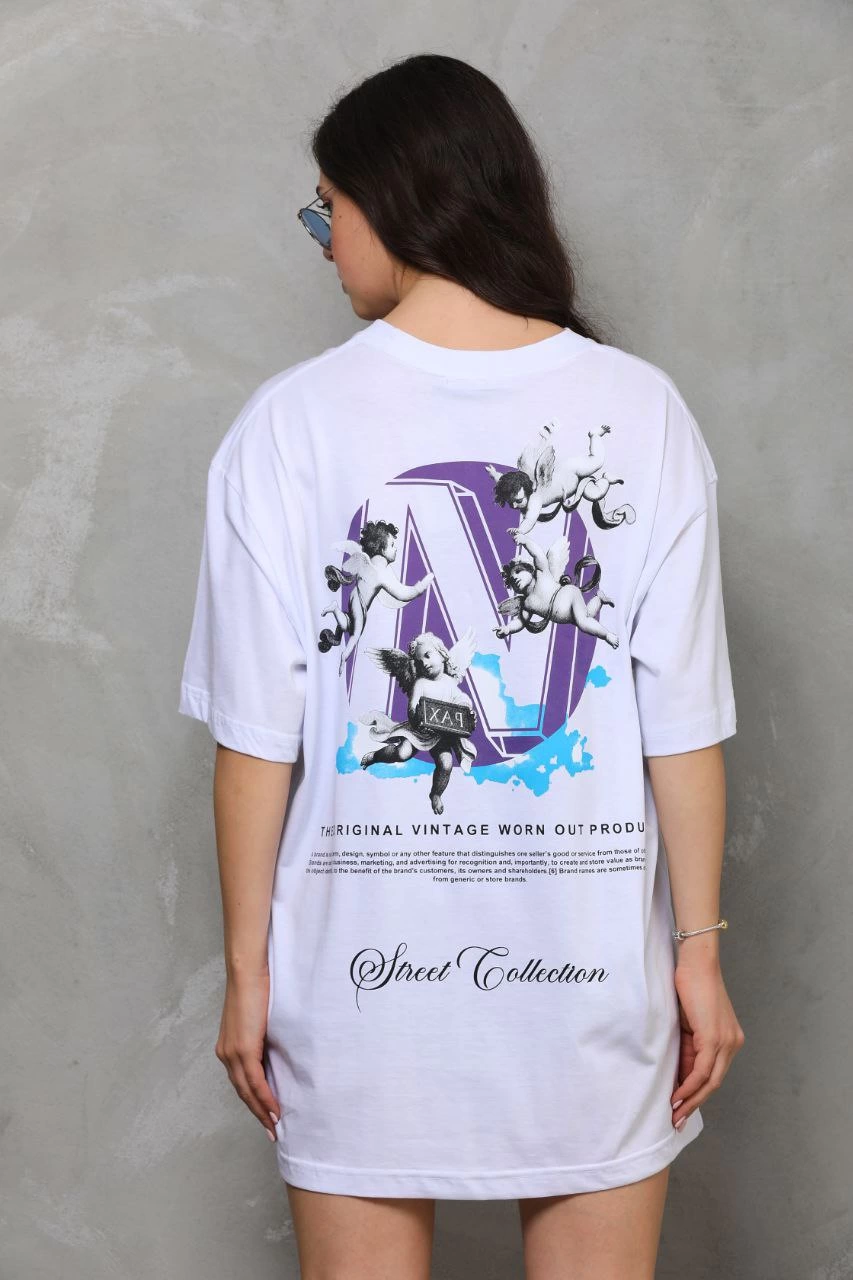 Kadın Baskılı T-Shirt Kısa Kol Bisiklet Yaka  Ovarsize Rahat Kalıp Günlük Tişört  - Beyaz