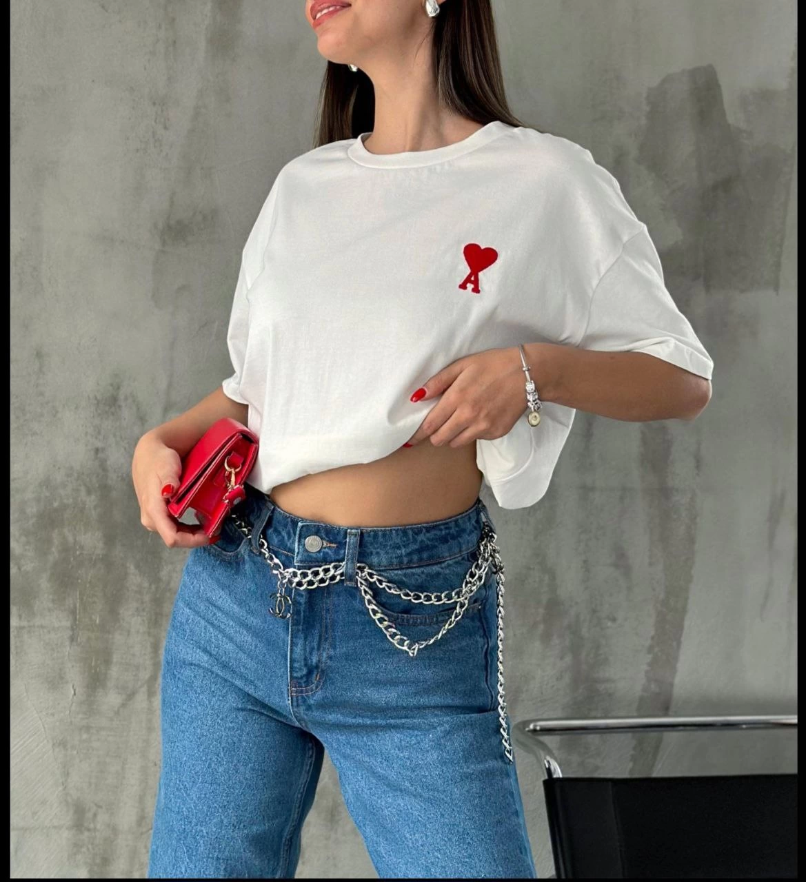 kadın Bisiklet Yaka Baskılı Oversize Kısa Kol T-Shirt - Beyaz