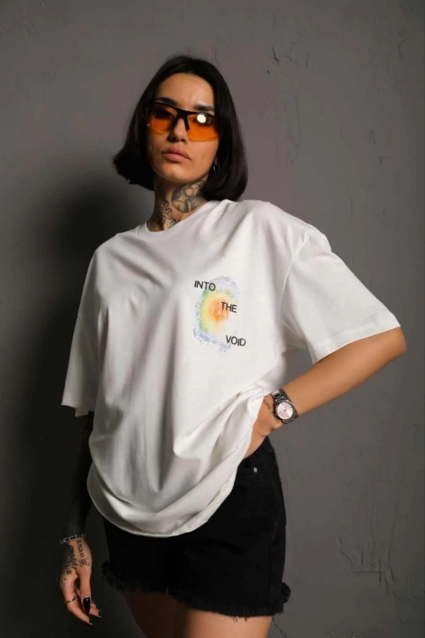 kadın Bisiklet Yaka Baskılı Oversize Kısa kol  T-Shirt - Beyaz