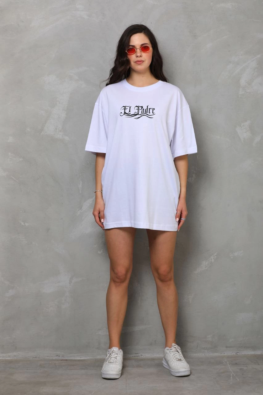 Kadın Baskılı T-Shirt Kısa Kol Bisiklet Yaka  Ovarsize Rahat Kalıp Günlük Tişört  - Beyaz
