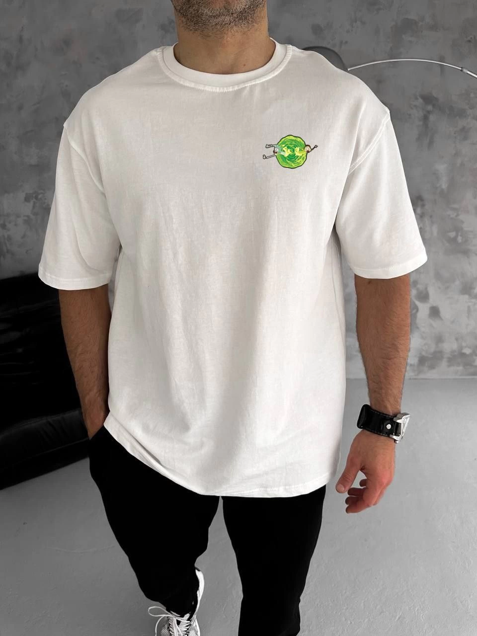 Erkek Bisiklet Yaka Baskılı Oversize T-Shirt - Beyaz