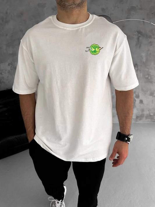 Erkek Bisiklet Yaka Baskılı Oversize T-Shirt - Beyaz
