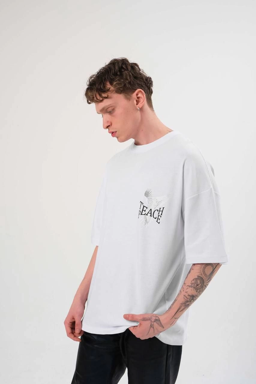 Erkek Bisiklet Yaka Baskılı Oversize Kısa kol   T-Shirt - Beyaz