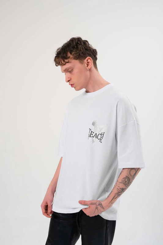 Erkek Bisiklet Yaka Baskılı Oversize Kısa kol   T-Shirt - Beyaz