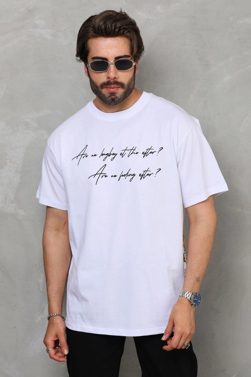 Erkek  Bisiklet Yaka Baskılı Oversize T-Shirt - Beyaz