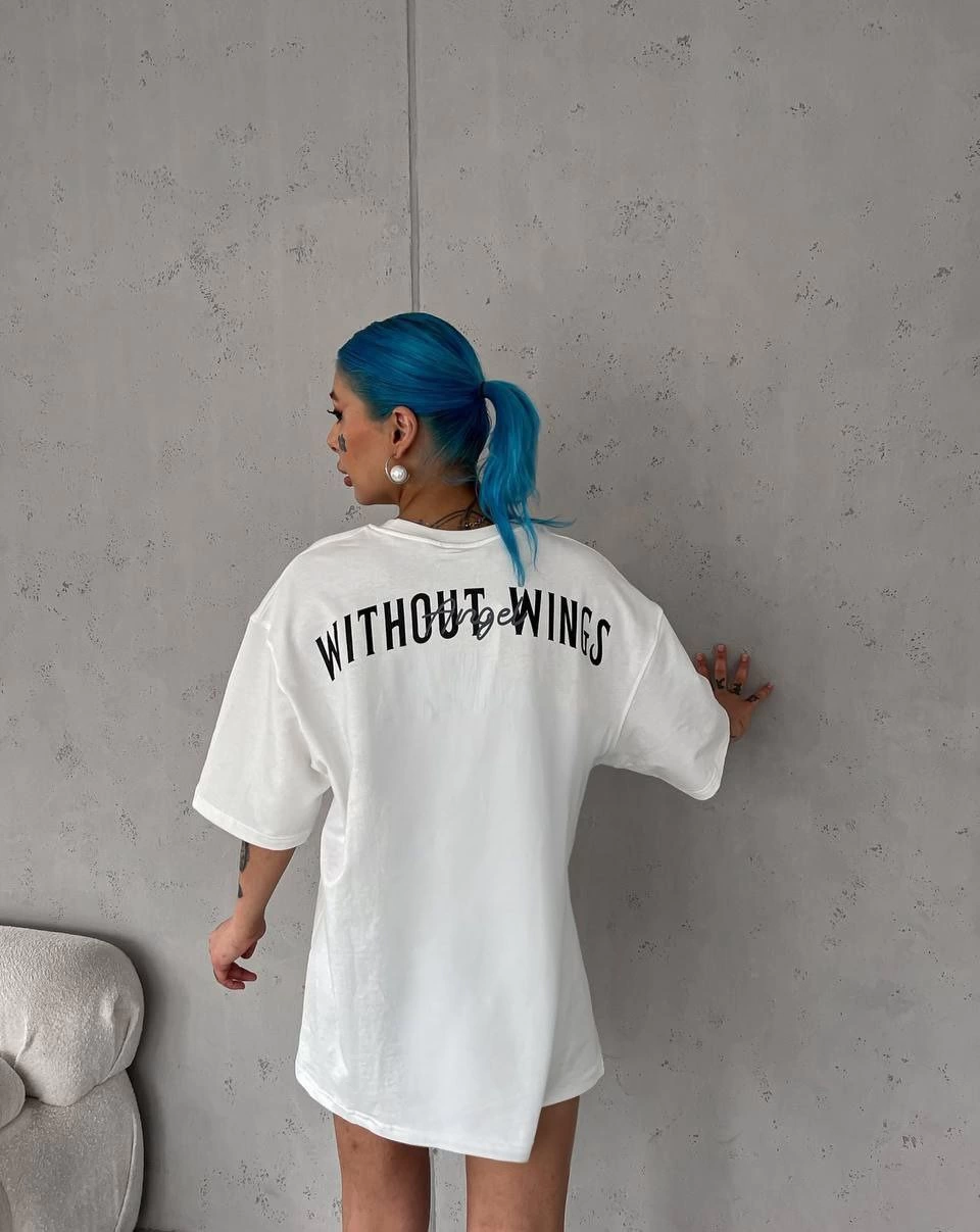 kadın  Bisiklet Yaka Baskılı Oversize T-Shirt - Beyaz