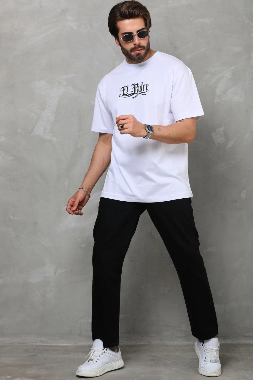 Erkek Bisiklet Yaka Baskılı Oversize T-Shirt - Beyaz