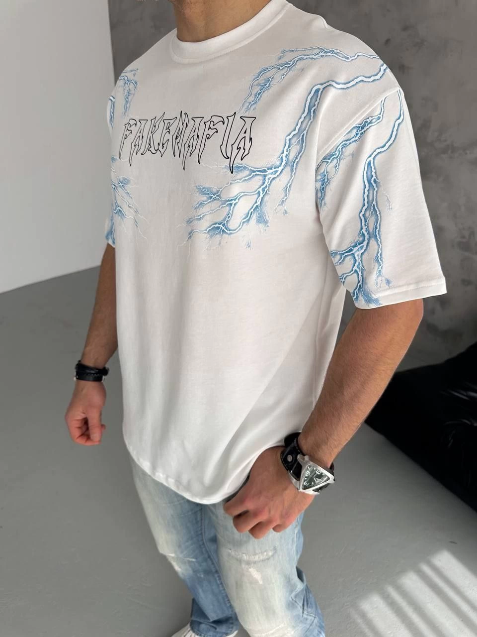Erkek Yıldırım Şimşek Baskılı T-Shirt Kısa Kol Bisiklet Yaka Tişört - Beyaz