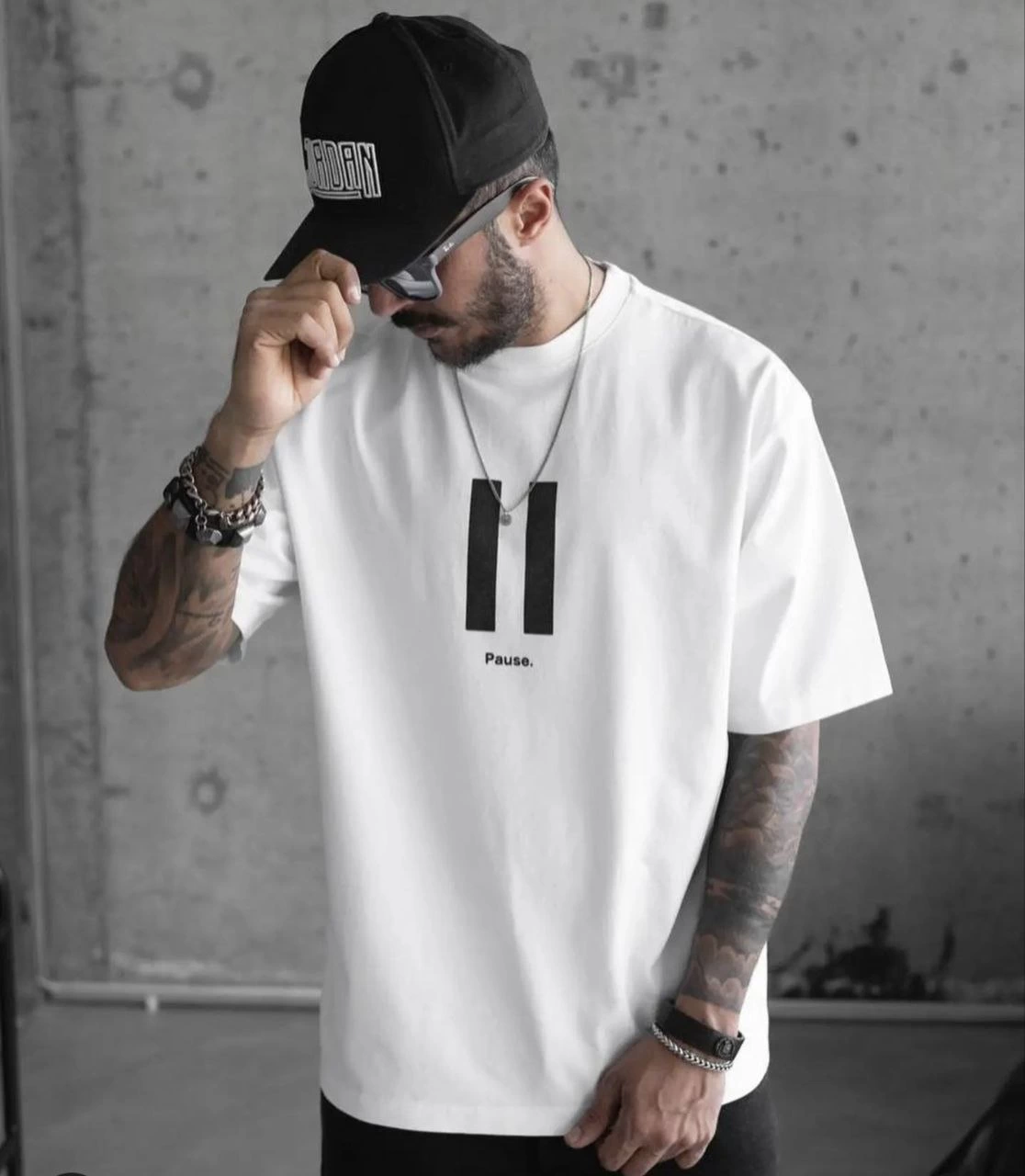 ERKEK Bisiklet Yaka Baskılı Oversize T-Shirt - Beyaz