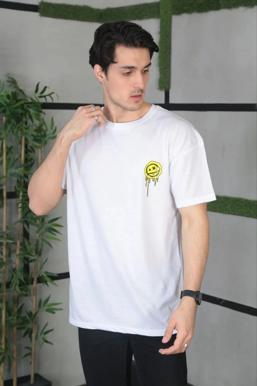 ERKEK Bisiklet Yaka Baskılı Oversize Kısa kol  T-Shirt - Beyaz