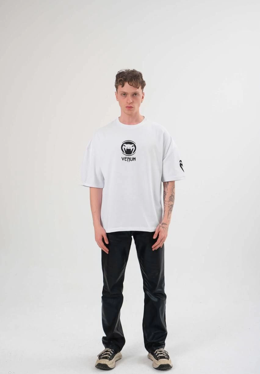 Erkek Bisiklet Yaka Baskılı Oversize Kısa kol  T-Shirt - Beyaz