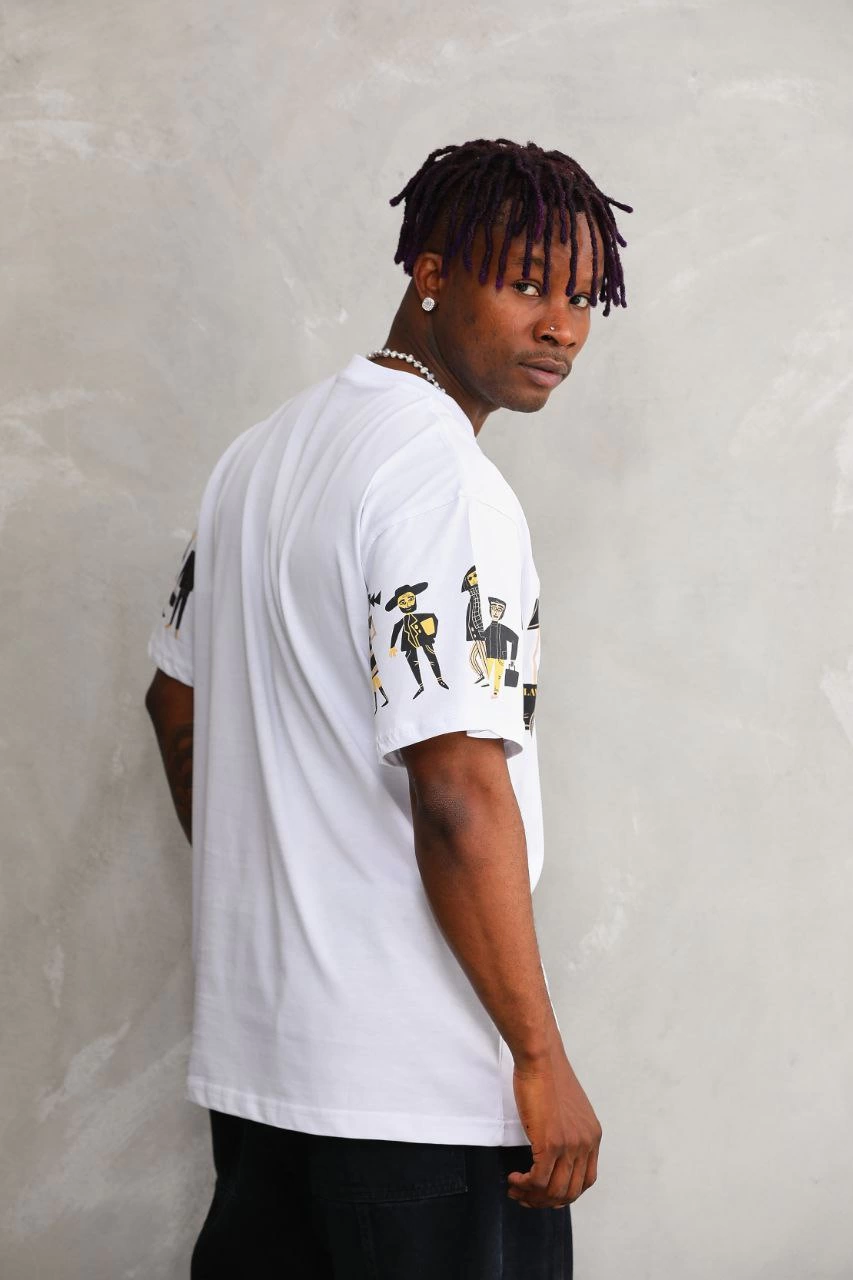 Erkek  Bisiklet Yaka Baskılı Oversize T-Shirt - Beyaz