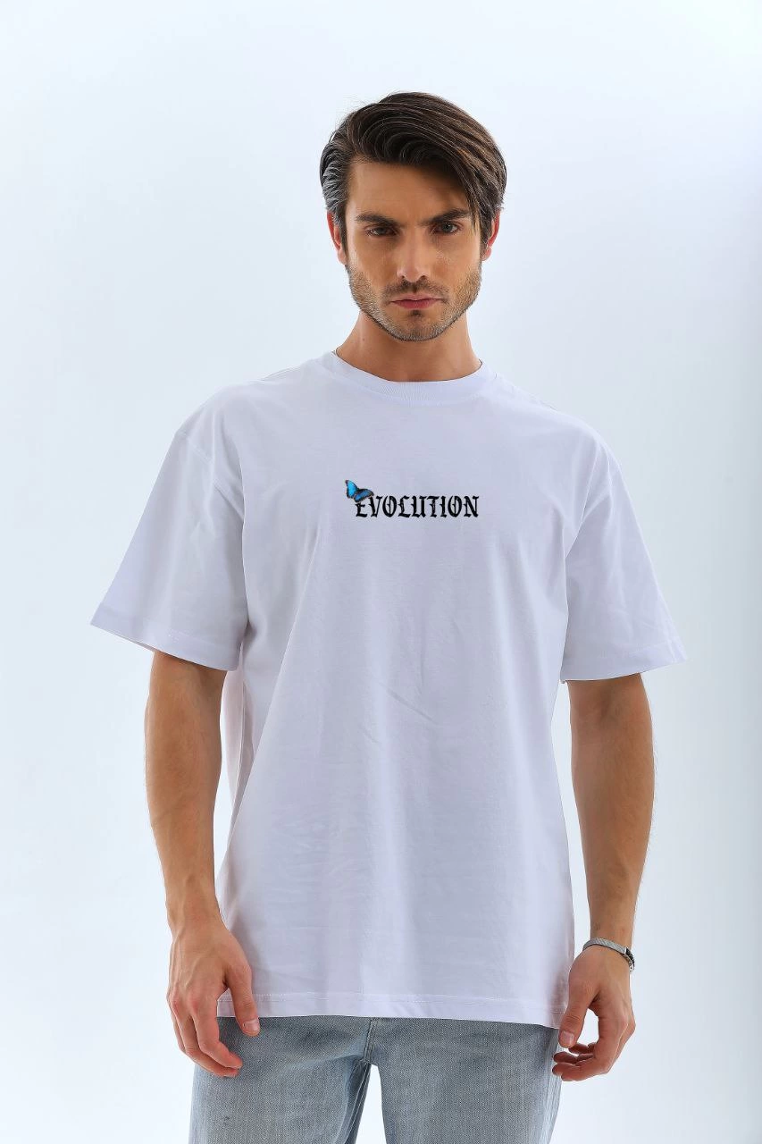 Erkek  Bisiklet Yaka Kelebek Baskılı Oversize T-Shirt - Beyaz