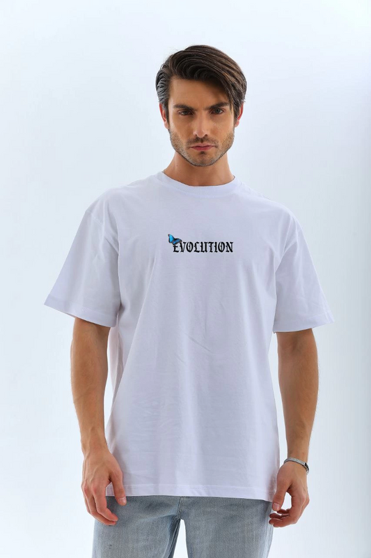 Erkek  Bisiklet Yaka Kelebek Baskılı Oversize T-Shirt - Beyaz