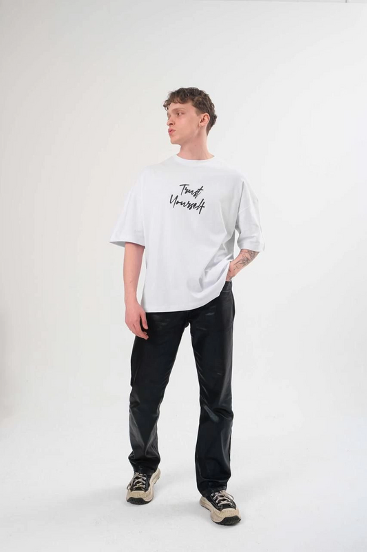 Erkek Bisiklet Yaka Baskılı Kısa kol Oversize T-Shirt - Beyaz