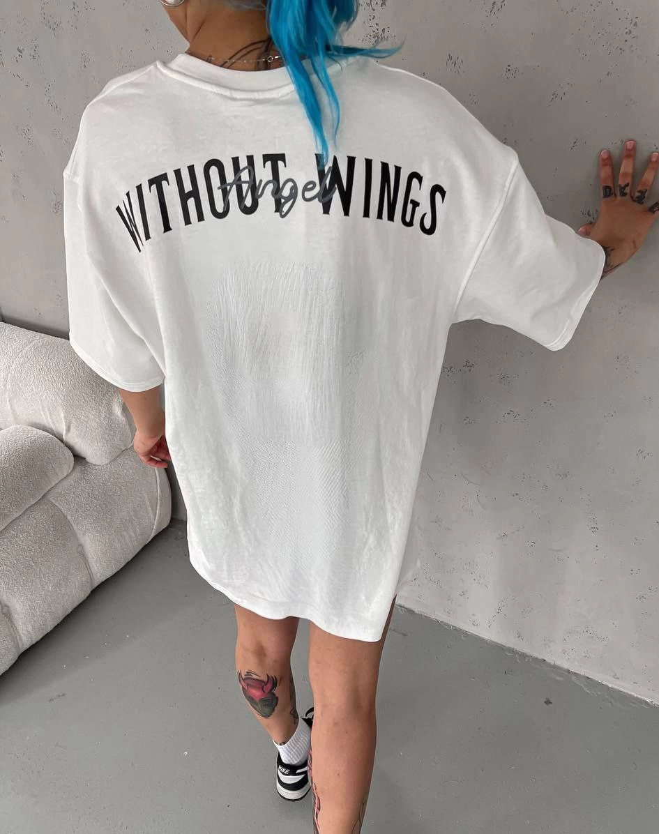 kadın  Bisiklet Yaka Baskılı Oversize T-Shirt - Beyaz