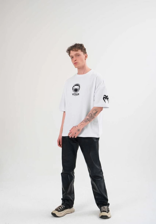 Erkek Bisiklet Yaka Baskılı Oversize Kısa kol  T-Shirt - Beyaz