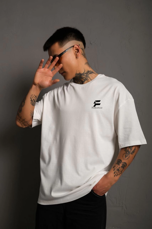 Erkek Bisiklet Yaka Baskılı Oversize T-Shirt - Beyaz