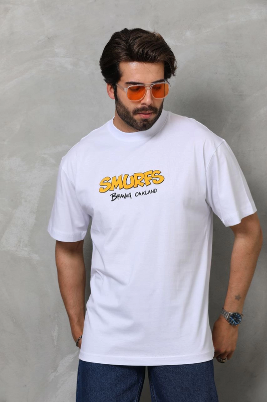 Erkek  Bisiklet Yaka Baskılı Oversize T-Shirt - Beyaz