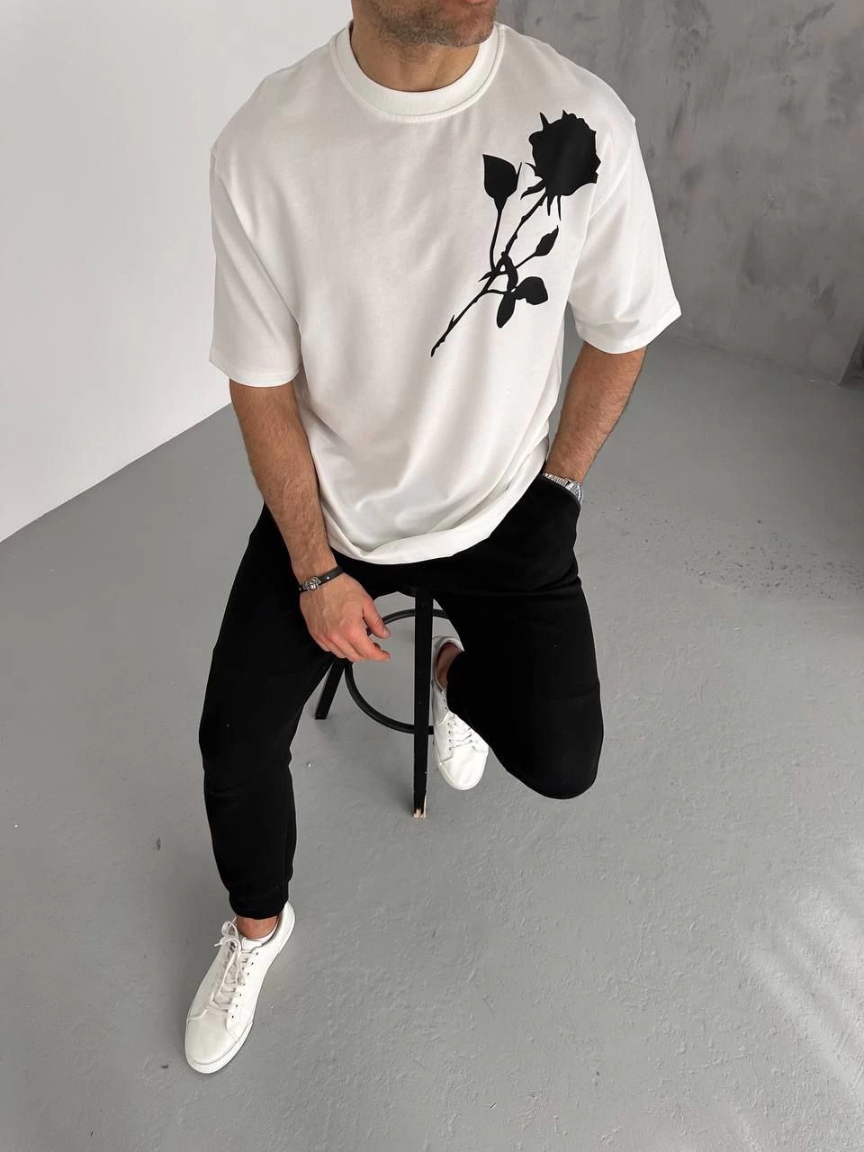 erkek Bisiklet Yaka Baskılı  Kısa kol T-Shirt - Beyaz