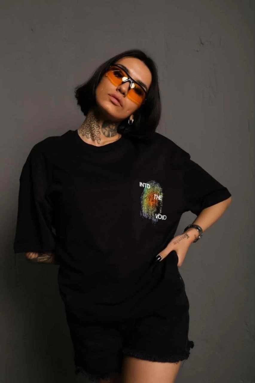 kadın Bisiklet Yaka Baskılı Oversize Kısa kol  T-Shirt - Siyah