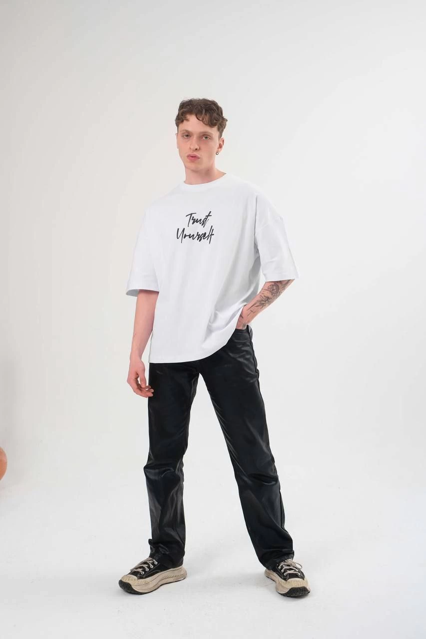 Erkek Bisiklet Yaka Baskılı Kısa kol Oversize T-Shirt - Beyaz