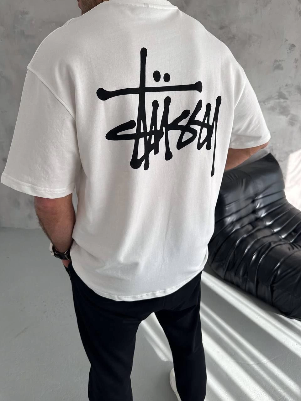 Bisiklet Yaka Baskılı Oversize  Kısa kol T-Shirt - Beyaz