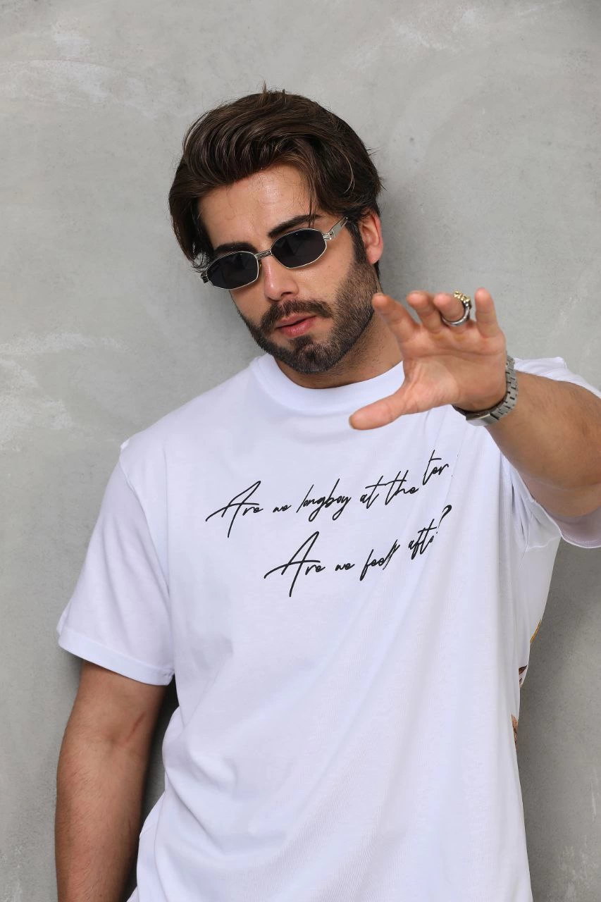Erkek  Bisiklet Yaka Baskılı Oversize T-Shirt - Beyaz