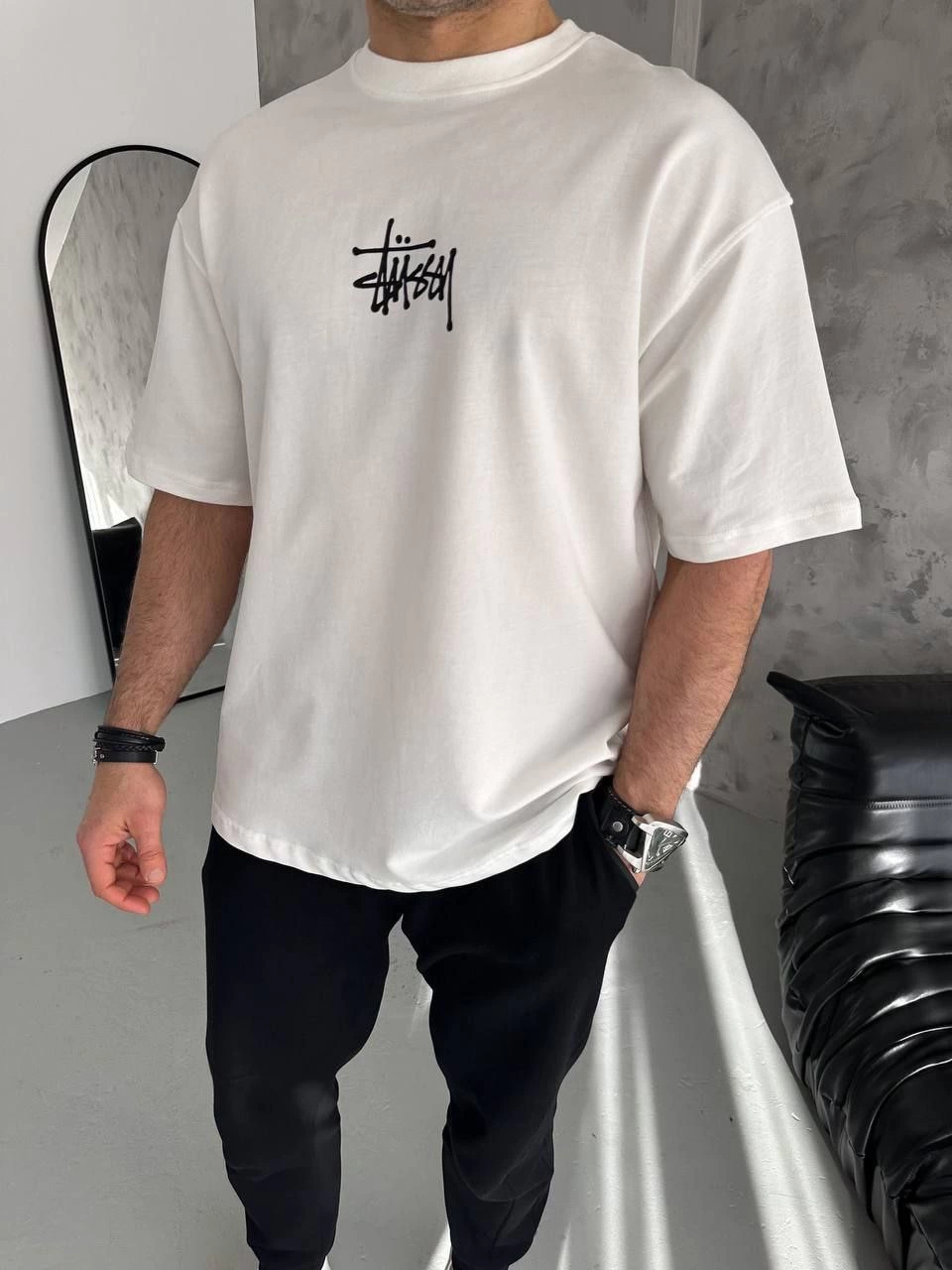 Bisiklet Yaka Baskılı Oversize  Kısa kol T-Shirt - Beyaz
