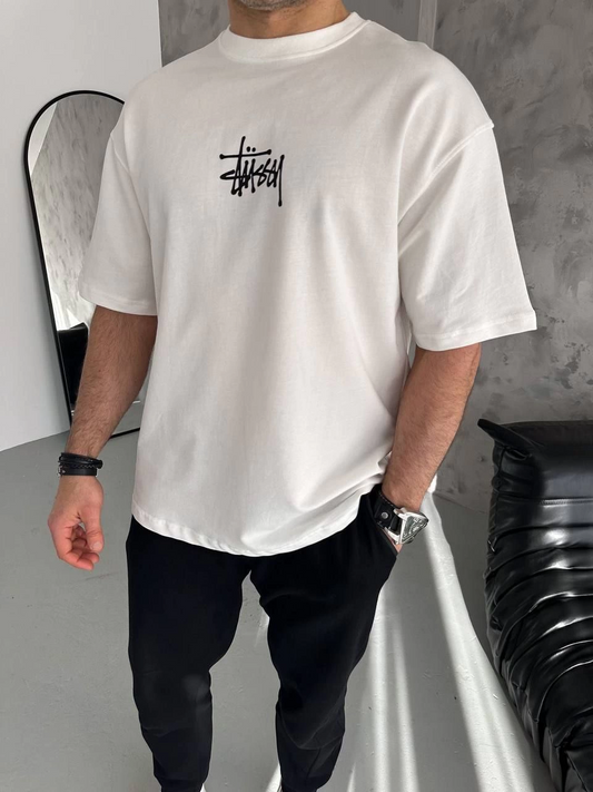 Bisiklet Yaka Baskılı Oversize  Kısa kol T-Shirt - Beyaz