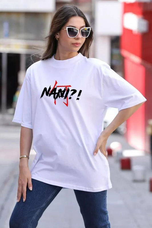 Kadın Baskılı T-Shirt Kısa Kol Bisiklet Yaka  Ovarsize Rahat Kalıp Günlük Tişört  - Beyaz