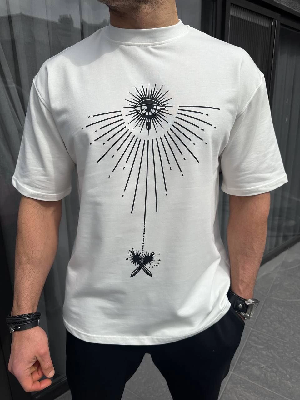 ERKEK  Bisiklet Yaka Baskılı  Kısa kol T-Shirt - Beyaz