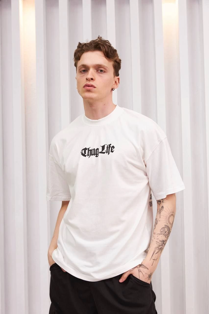 ERKEK Bisiklet Yaka Baskılı Oversize Kısa kol  T-Shirt - Beyaz