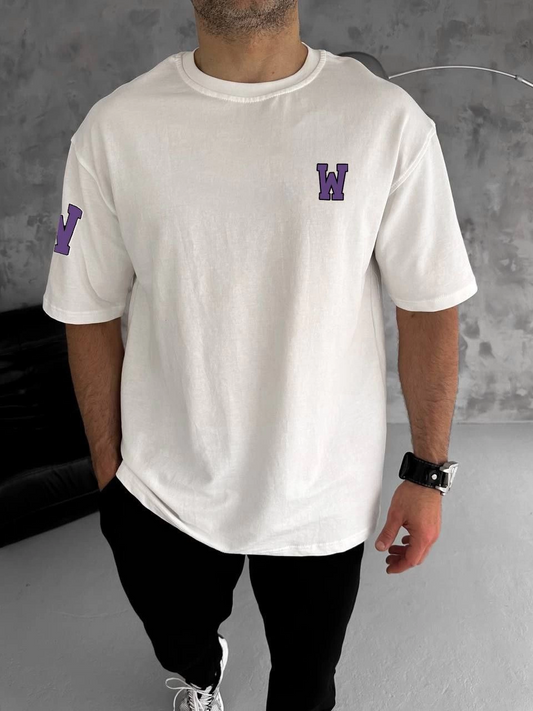 Erkek  Bisiklet Yaka Baskılı Oversize T-Shirt - Beyaz