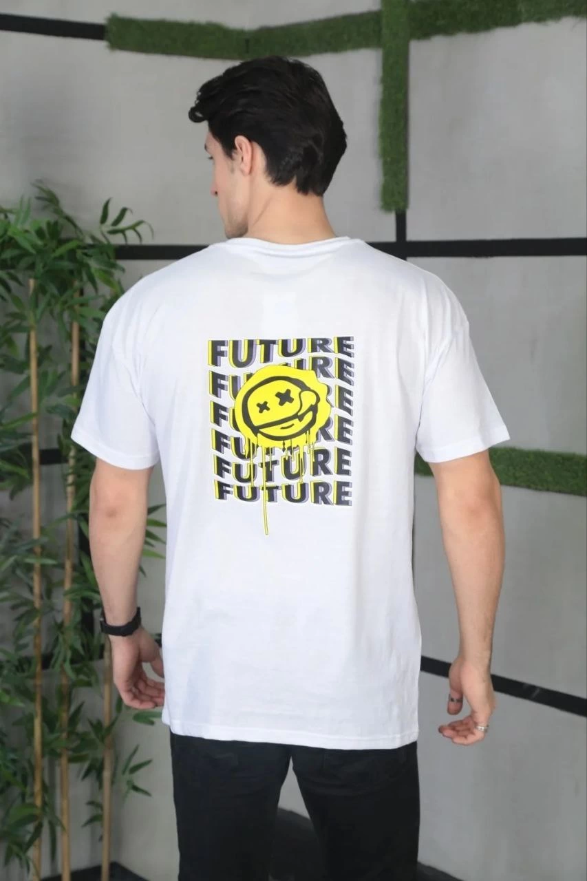 ERKEK Bisiklet Yaka Baskılı Oversize Kısa kol  T-Shirt - Beyaz