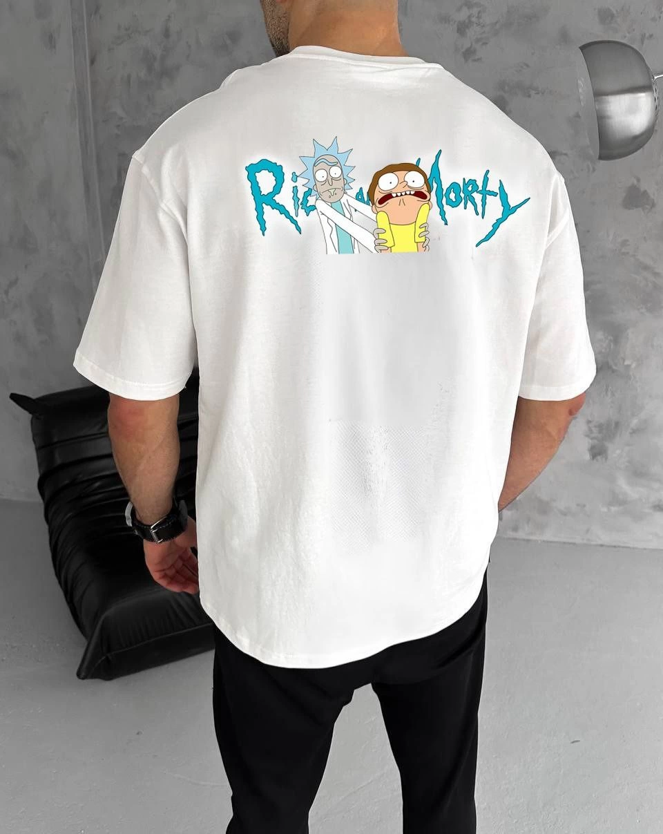 Erkek Bisiklet Yaka Baskılı Oversize T-Shirt - Beyaz