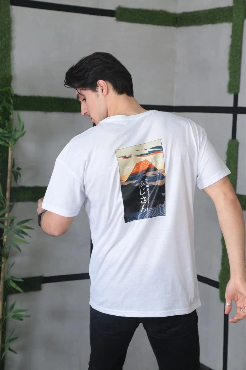 ERKEK Bisiklet Yaka Baskılı  Kısa kol Oversize T-Shirt - Beyaz