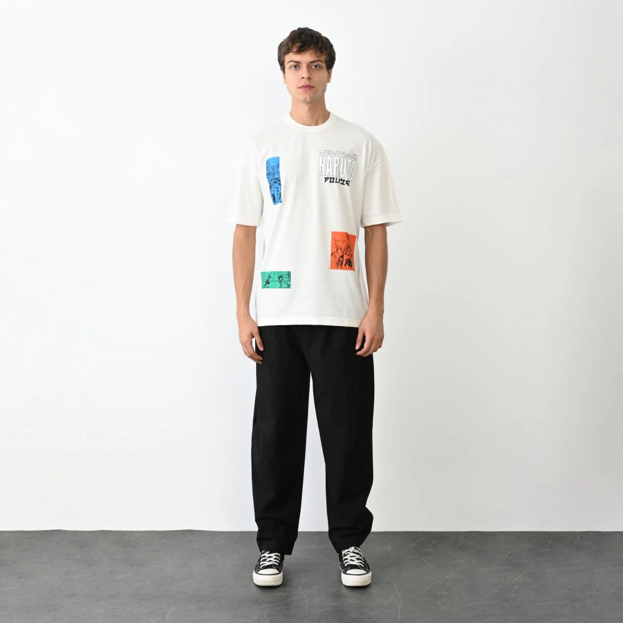 Erkek Bisiklet Yaka Baskılı Oversize  Kısa kol T-Shirt - Beyaz