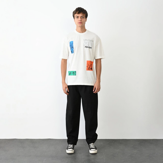 Erkek Bisiklet Yaka Baskılı Oversize  Kısa kol T-Shirt - Beyaz