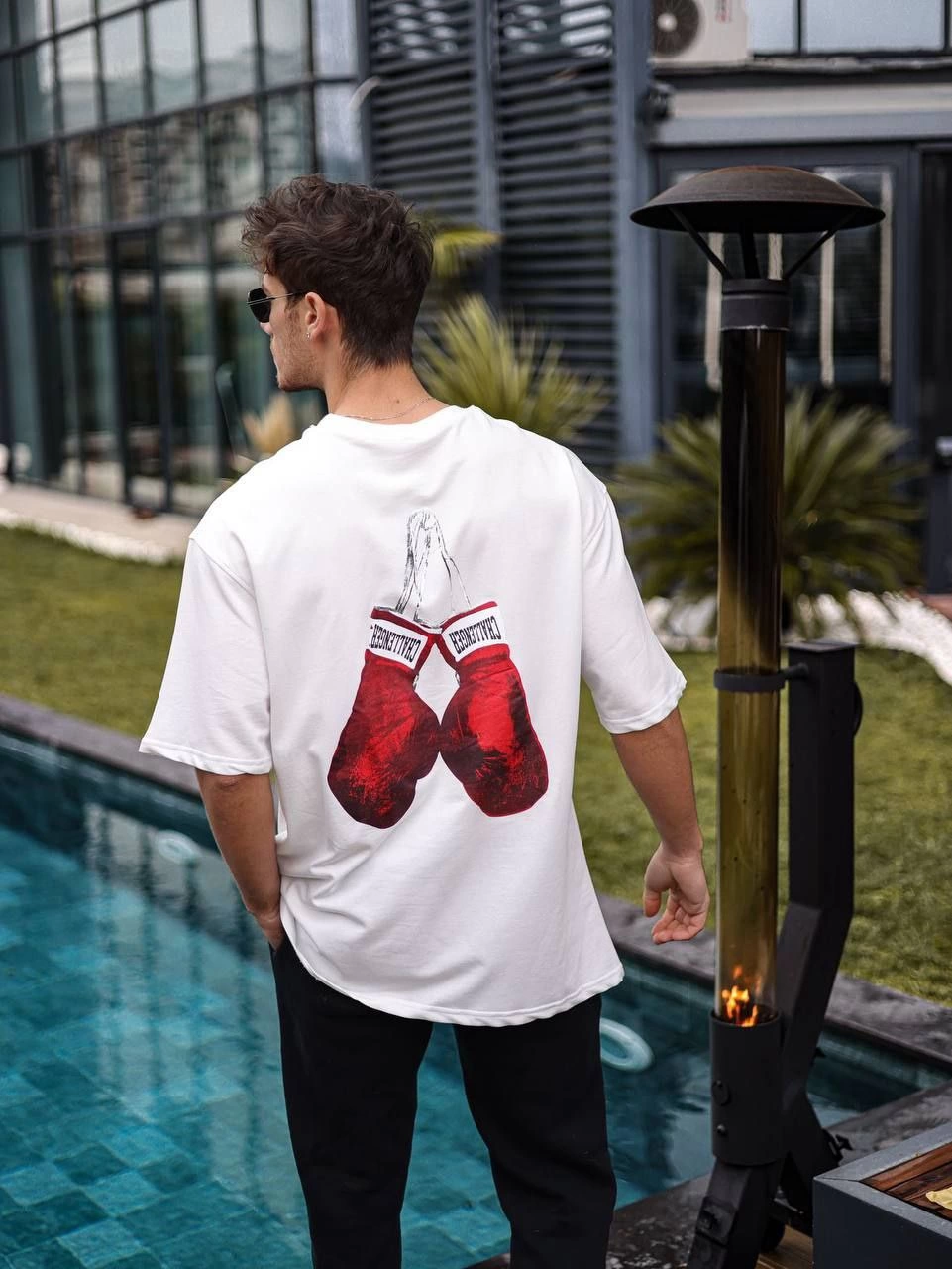 Erkek Bisiklet Yaka Baskılı Oversize T-Shirt - Beyaz